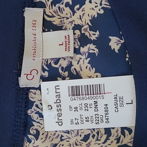 NEW Dress Barn Tunic Top Pullover Hi Low Hem Navy Cream Tapestry Long Slv Large - Picture 9 of 9